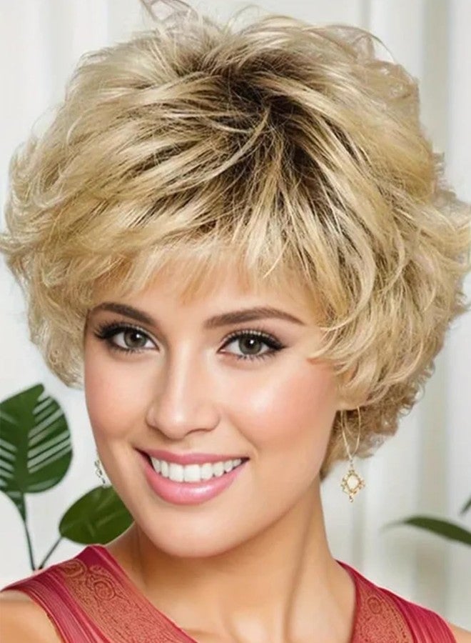 TISHINING Short Blonde Curly Wigs for White Women Layered Ombre Blonde Pixie Cut Wig with Bangs Natural Looking Synthetic Full Wigs for Daily Party - Image 1